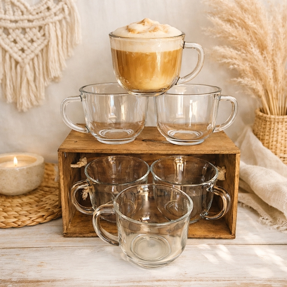 16oz Large Greenbrier Clear Glass Coffee Tea Mugs 6 | Clean Esthetic Boho